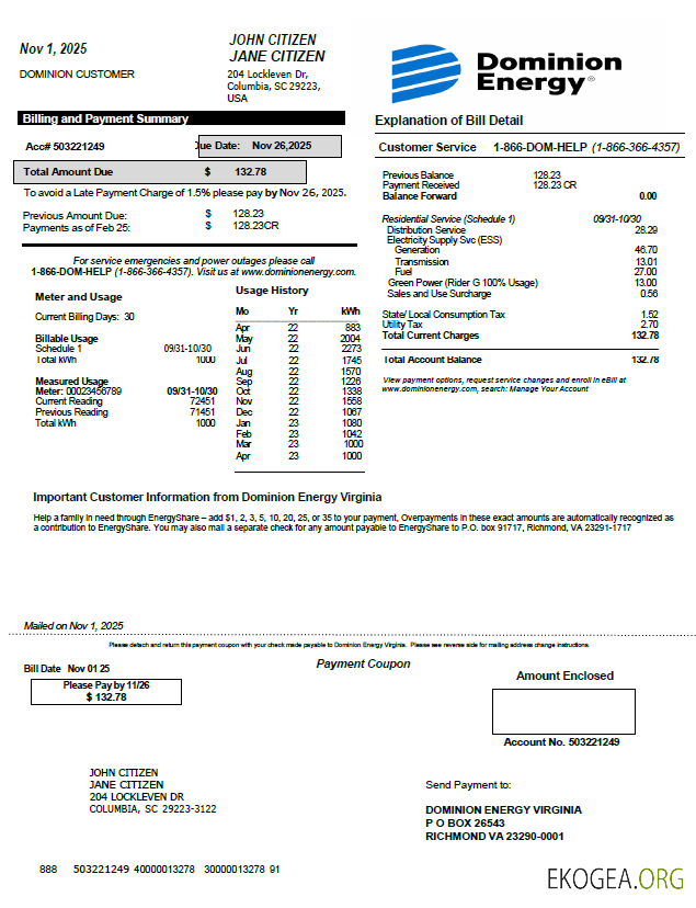 USA Dominion Energy utility bill template in Word and PDF formats, version 2